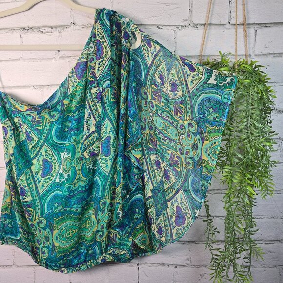 CACHE 100% SILK ONE-SHOULDER GREEN AND BLUE PAISLEY PRINT BLOUSE WOMENS SIZE MED - Picture 7 of 10